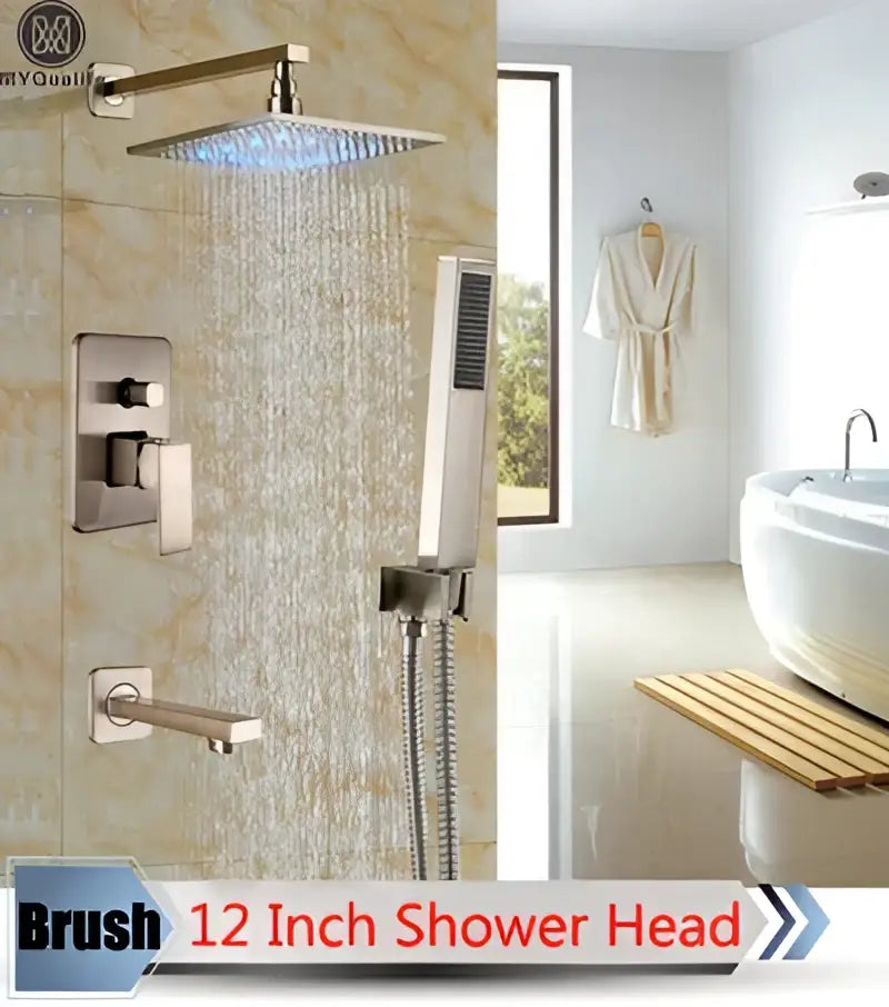 Brush 12 inch shower head in brushed nickel with modern design for decorbites led rainfall shower set