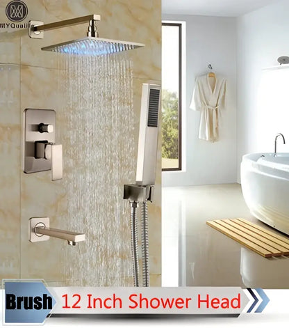 Brush 12 inch shower head in brushed nickel with modern design for decorbites led rainfall shower set