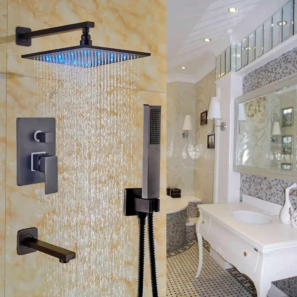 Black matte-finish square rain shower head with blue led lighting in DecorBites led rainfall shower set