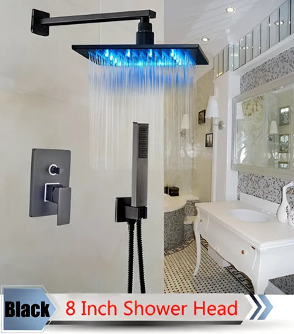 Black 8-inch square LED rainfall shower head with blue lighting in DecorBites LED rainfall shower set