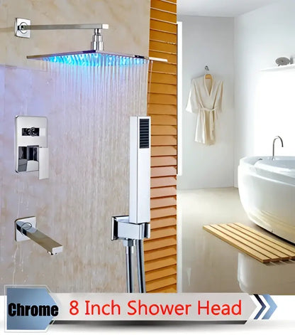 Chrome finished 8 inch square shower head with blue led lighting in DecorBites led rainfall shower set for modern bathrooms