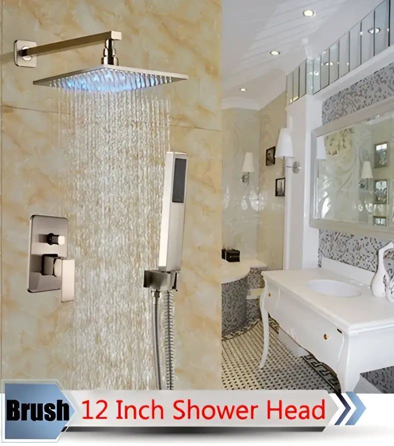 Brush 12 inch shower head with brushed nickel finish and sleek rectangular design in decorbites led rainfall shower set