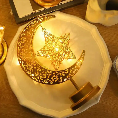 Golden crescent moon and star decorative table lamp with intricate filigree patterns by DecorBites LED Ramadan for Eid decor
