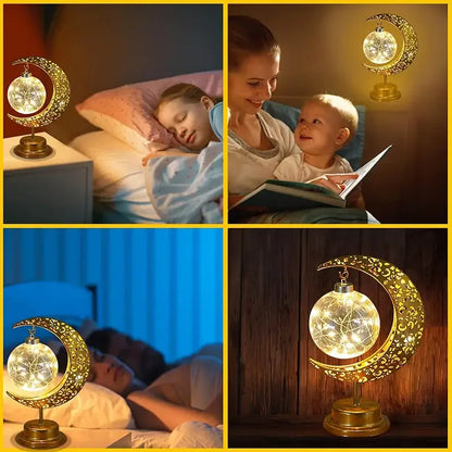 Golden crescent moon-shaped table lamp with intricate cut-out patterns and glowing orb by decorbites led ramadan moon