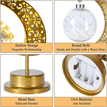Gold-toned crescent moon table lamp with intricate cut-outs and warm fairy lights decorbites led ramadan moon night light