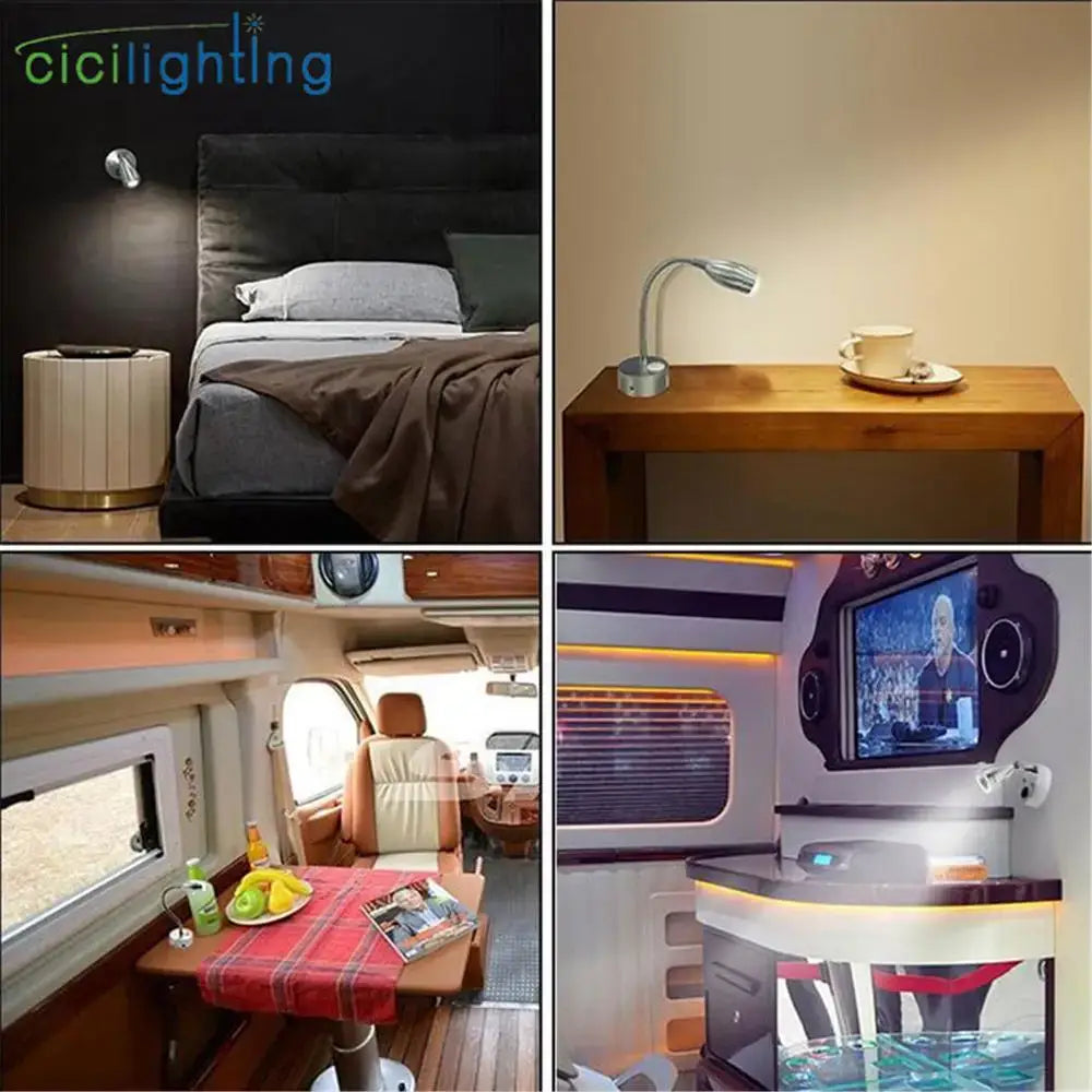 Silver gooseneck decorbites led reading light with sleek curved metallic arm for rv boat motorhome bedside use