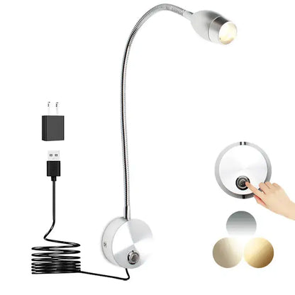 Silver flexible gooseneck decorbites led reading light with dimmable switch and adjustable head for task lighting