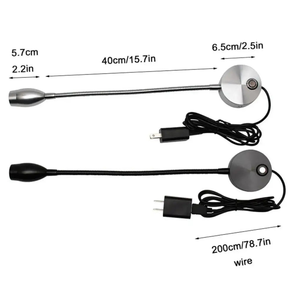 Two decorbites led reading flexible gooseneck lamps in silver and black with dimmable switch and adjustable heads