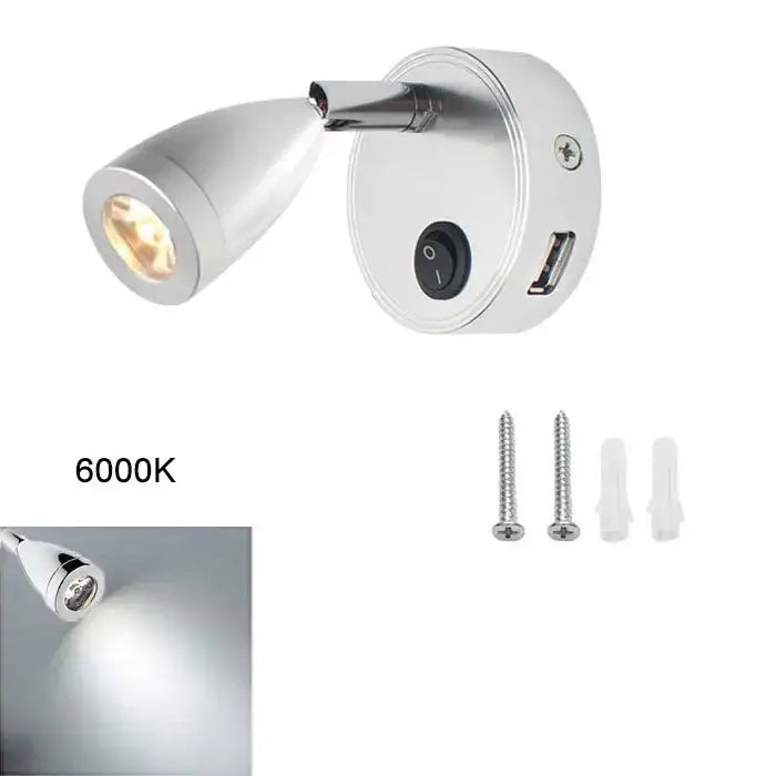 Silver chrome-finished DecorBites LED reading light with adjustable head and integrated USB port for RV and caravan use