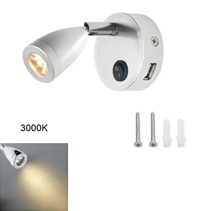 Silver chrome-finished decorbites led reading light with adjustable head and integrated usb port for RV boat caravan use