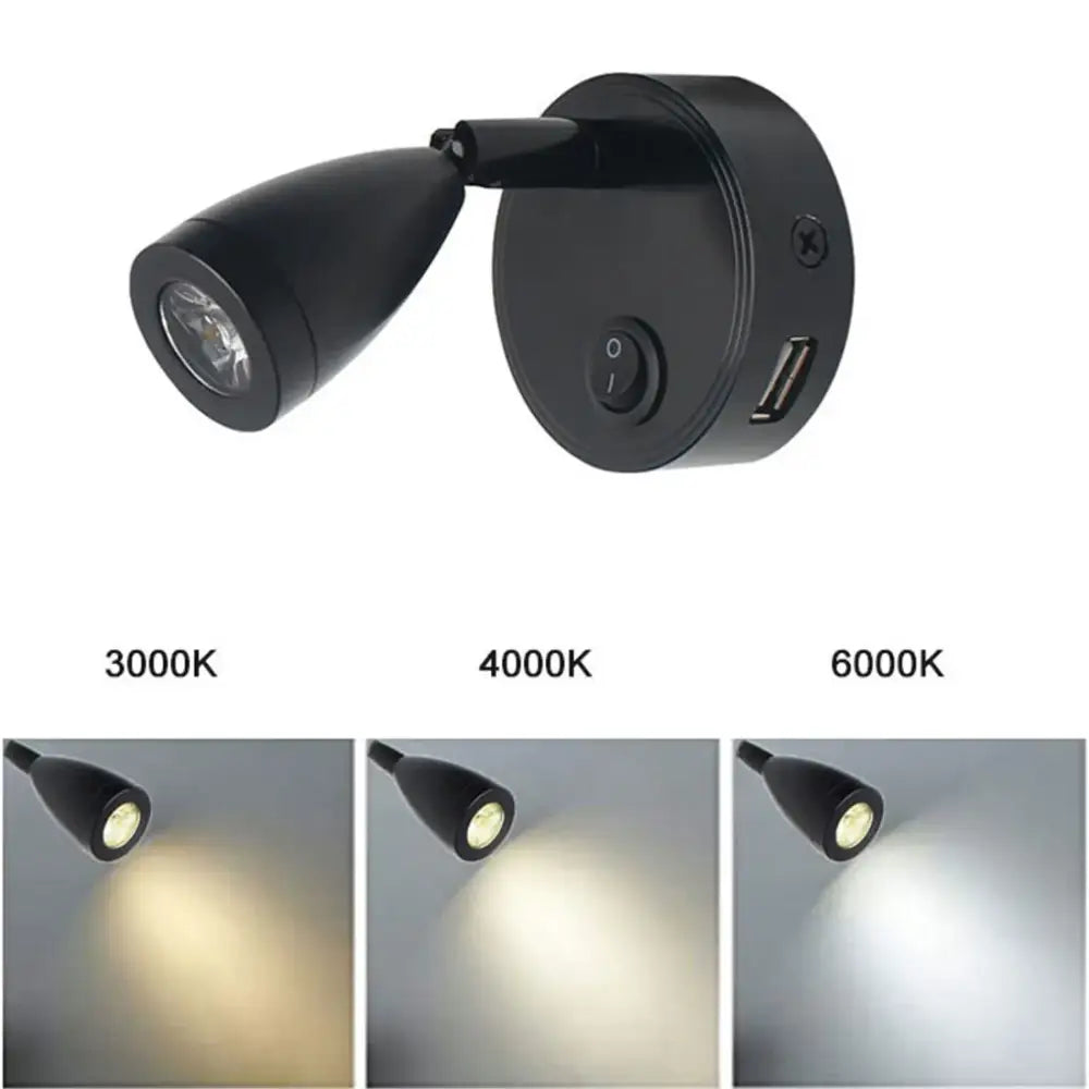 Black decorbites led reading light with usb port switch and adjustable 3000k to 6000k color temperature options