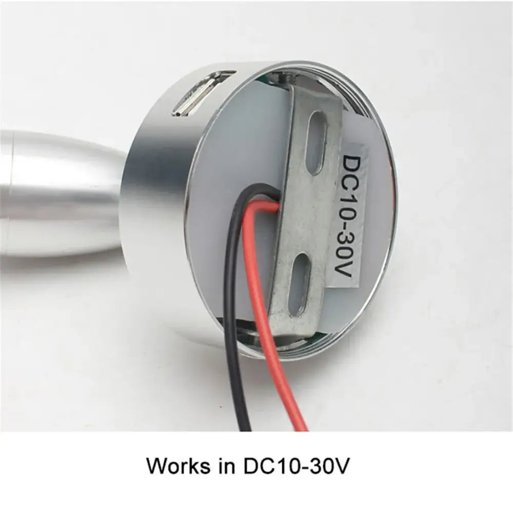 Silver cylindrical decorbites led reading light fixture with metallic finish and visible wiring for RV and caravan use