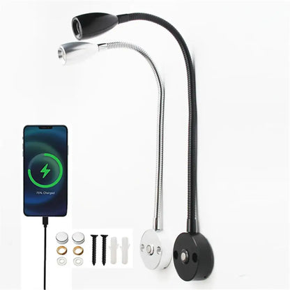 Black and silver DecorBites LED reading light wall lamp with flexible gooseneck and adjustable LED light heads