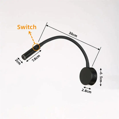 Black flexible DecorBites LED reading wall lamp with 30cm articulated arm and switch for bedroom study use