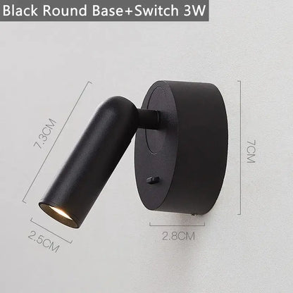Black round decorbites led reading wall lamp with 3w switch and adjustable head for bedside lighting