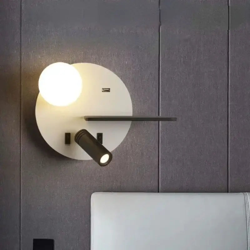 Modern white circular DecorBites LED wall lamp with spherical bulb and adjustable black reading light for reading