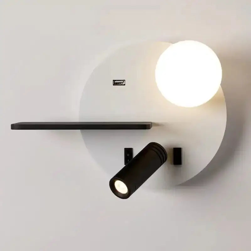 Modern black and white wall lamp DecorBites LED reading light with spherical bulb and adjustable spotlight for bedside use