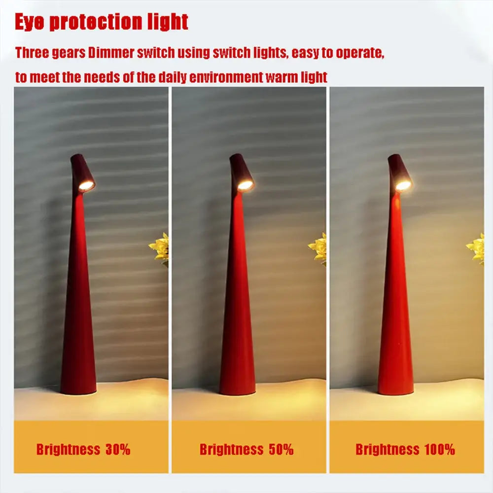 Red conical DecorBites™ led rechargeable desk lamp with adjustable warm light for living room or study table lamp use
