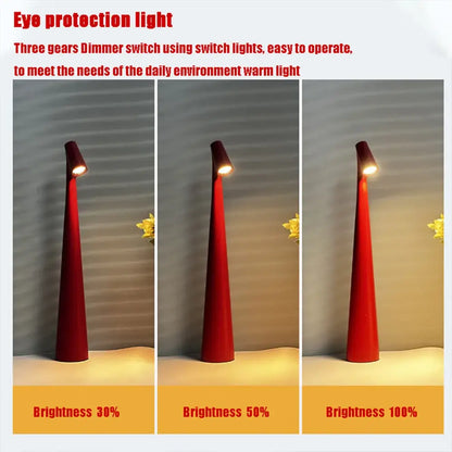 Red conical DecorBites™ led rechargeable desk lamp with adjustable warm light for living room or study table lamp use