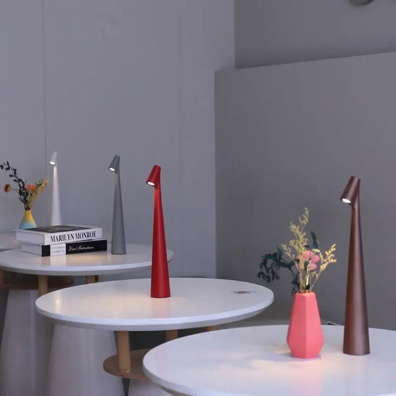 Red conical decorbites™ led rechargeable desk lamp with metallic finish for creative living room and study use