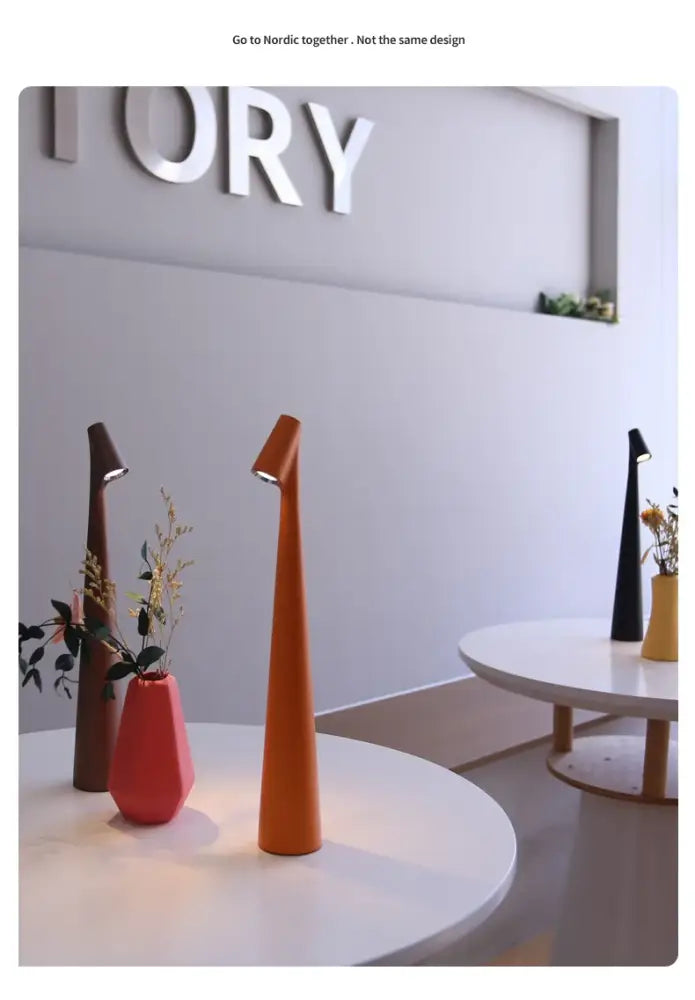 Orange tapered table lamp with integrated led rechargeable desk lamp and top touch dimming for study and living room use