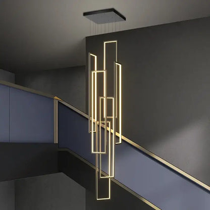 Modern geometric DecorBites led rectangle pendant lighting with glowing gold LED strips for staircase or living room decor
