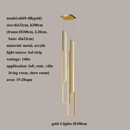 Gold-colored decorbites led rectangle pendant lighting with four vertical led strips for modern staircase decor