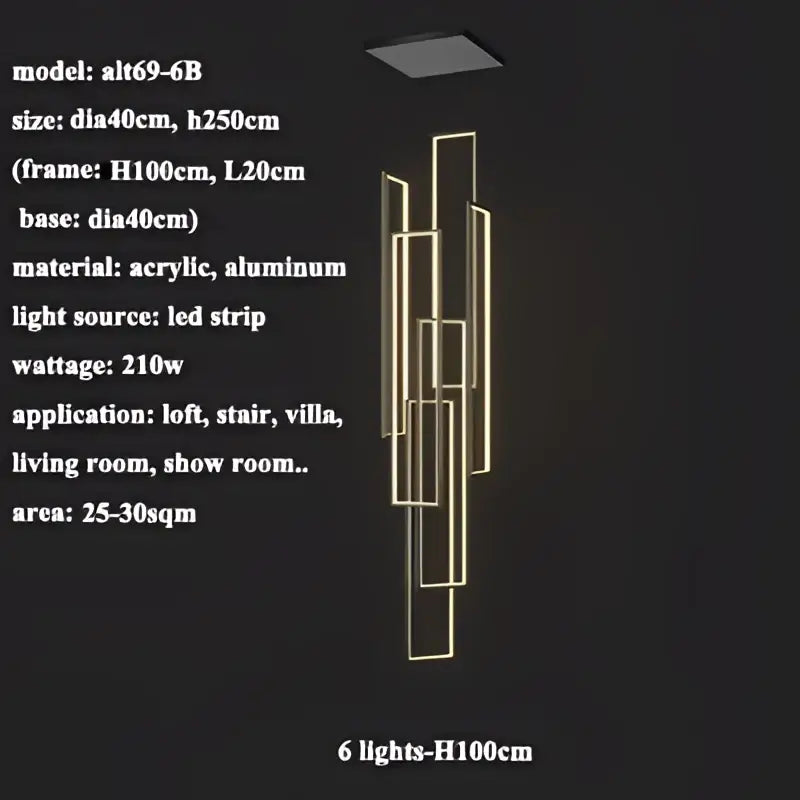 Modern geometric decorbites led rectangle pendant lighting with six vertical led strips in acrylic and aluminum for staircase use