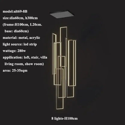 Modern decorbites led rectangle chandelier with glowing gold led strips in metal and acrylic for staircase lighting
