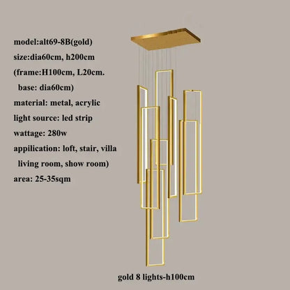 Decorbites led rectangle chandelier with eight gold rectangular led light strips suspended from a square base