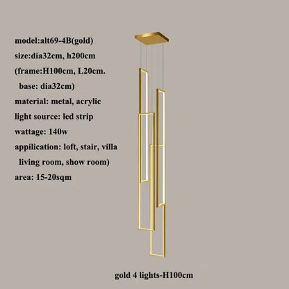 Gold modern decorbites led rectangle pendant light with four vertical led strips for staircase or living room decor