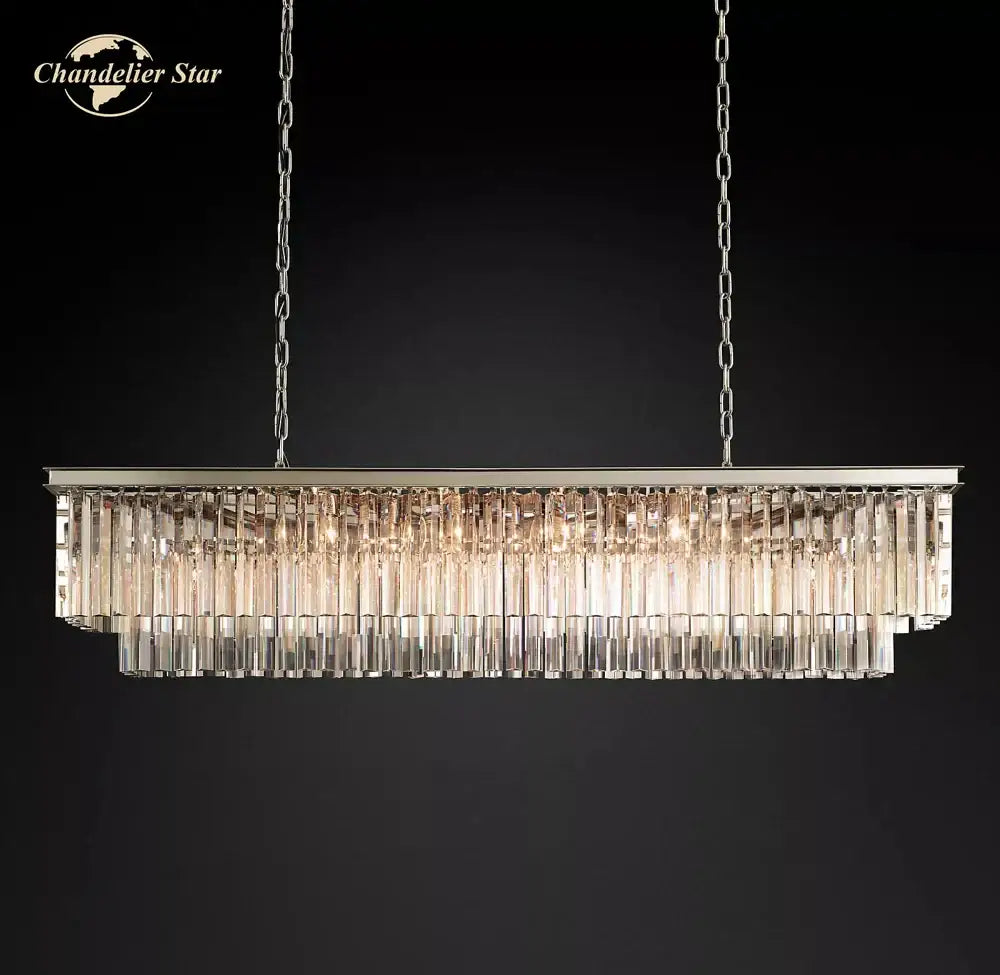 Decorbites led rectangular crystal chandelier with sleek metallic frame and cascading clear crystal rods for dining and kitchen island