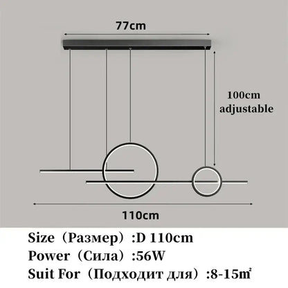 Modern minimalist decorbites led restaurant chandelier with black rectangular fixture and two circular led rings for dining rooms