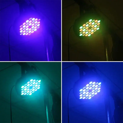 Decorbites™ led rgb dmx512 par light featuring a circular panel with colorful purple green cyan and blue leds for dj shows