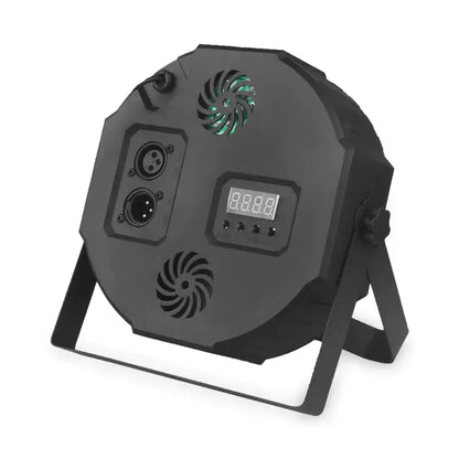 Back panel of black circular decorbites led rgb dmx512 par light with ventilation grilles digital display and xlr ports