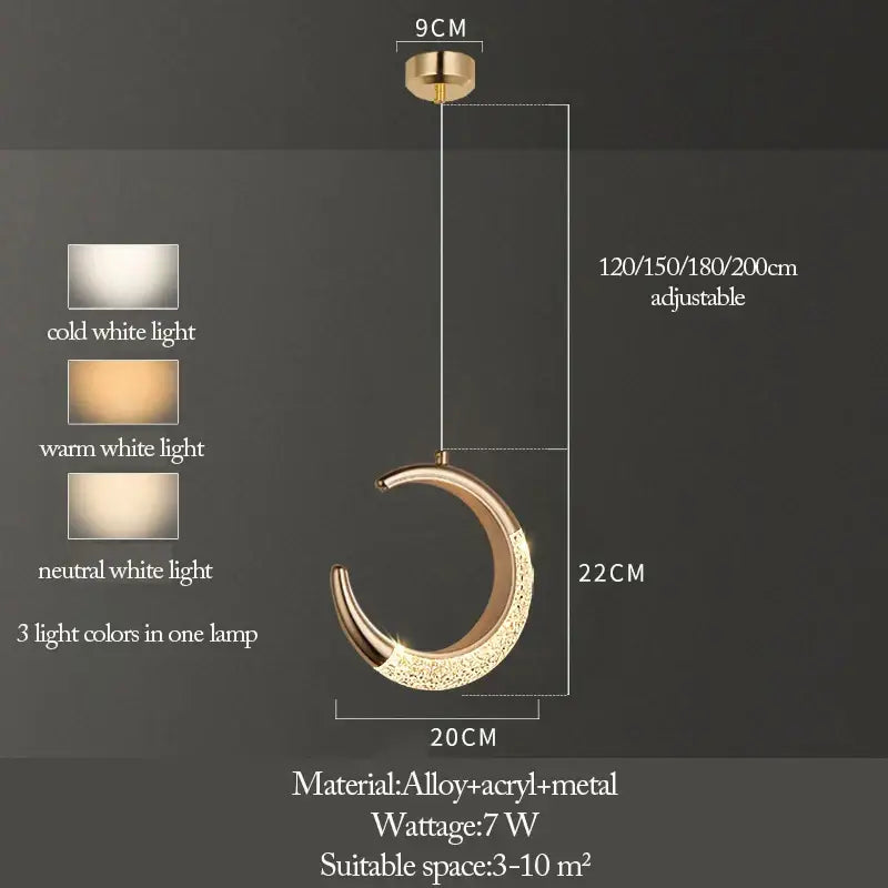 Gold-toned crescent moon pendant light with sparkling acrylic finish and adjustable hanging length in moon lamps set