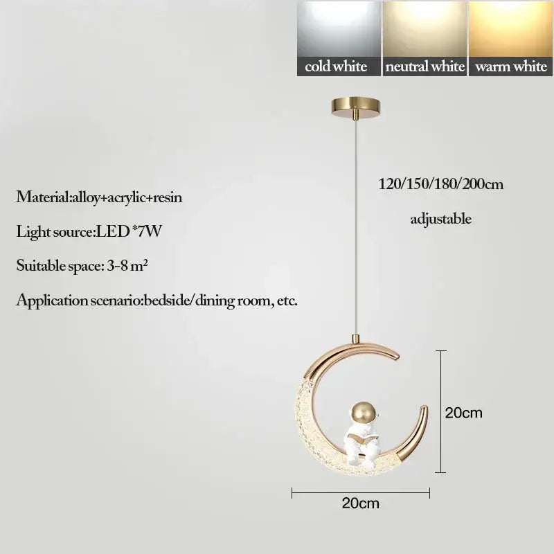 Gold-toned crescent moon pendant light with astronaut figurine led bulb and adjustable length from DecorBites™ moon lamps set