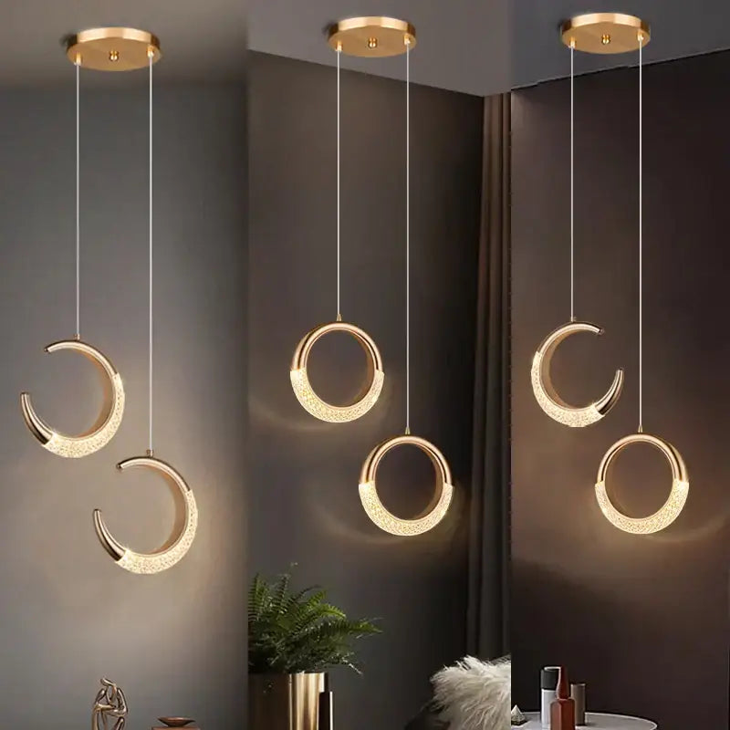 Gold-toned crescent pendant light with embedded led ring lighting and textured finish from DecorBites moon lamps set