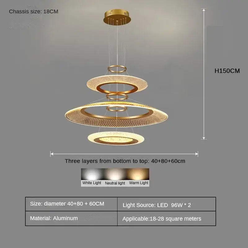 Gold-toned aluminum led ring ceiling chandelier with three mesh concentric circular layers for living and dining rooms