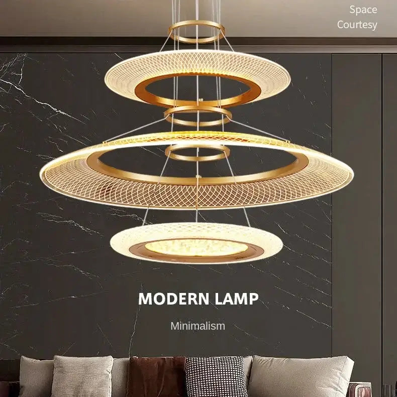 DecorBites™ modern gold-toned led ring ceiling chandelier with woven mesh design for living and dining rooms