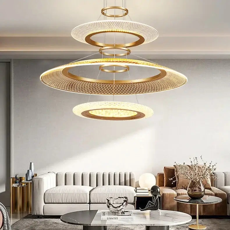 Gold-toned DecorBites™ led ring ceiling chandelier with concentric rings and woven mesh for living and dining rooms