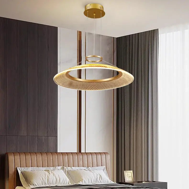 Gold-toned decorbites led ring ceiling chandelier with circular mesh design and illuminated inner ring for living rooms
