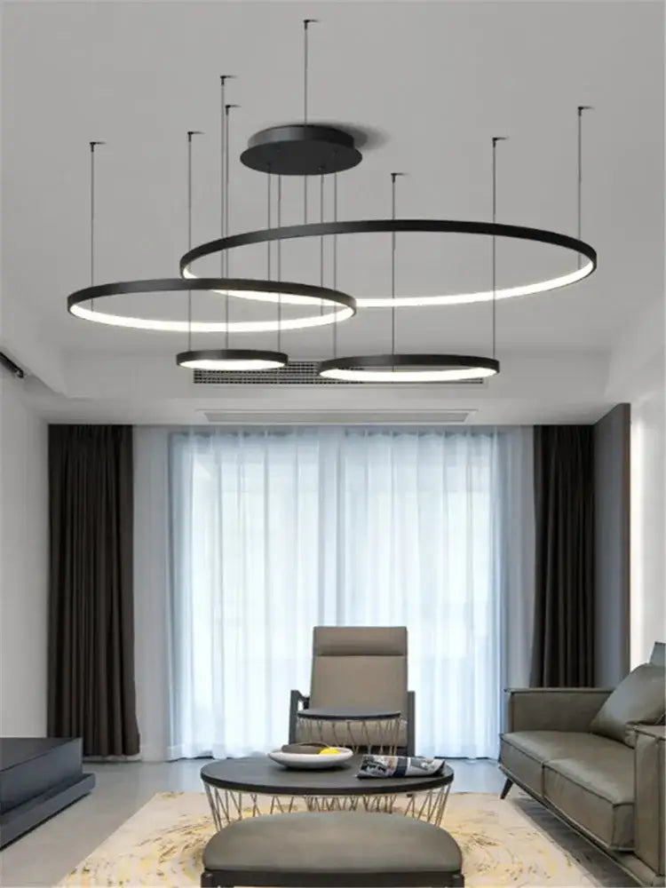 Modern black circular led ring chandelier ceiling pendant with sleek minimalist design by decorbites™