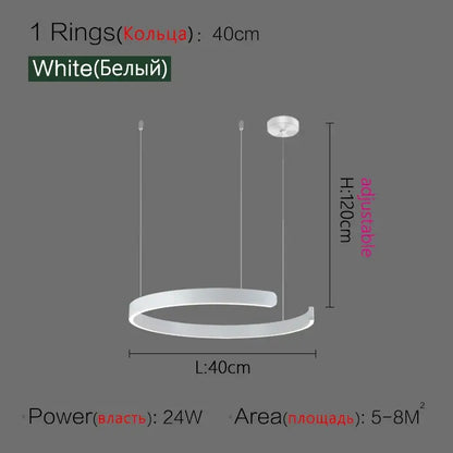 White circular led ring chandelier with sleek modern design and adjustable height for home decor lighting