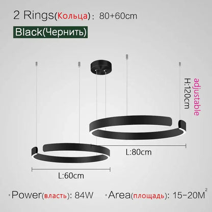 Black circular led ring chandelier with adjustable height and two ring sizes for modern nordic home decor