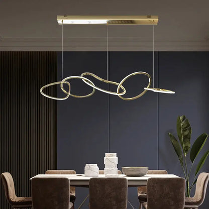 Gold-toned decorbites led ring chandelier with interlocking circular rings and sleek rectangular fixture for living room lighting