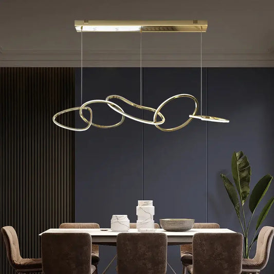 Gold-toned decorbites led ring chandelier with interlocking circular rings and sleek rectangular fixture for living room lighting