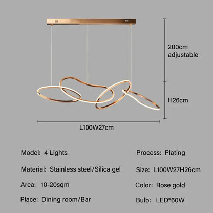 Rose gold DecorBites™ LED ring chandelier with intertwined stainless steel rings and four LED bulbs for living room lighting