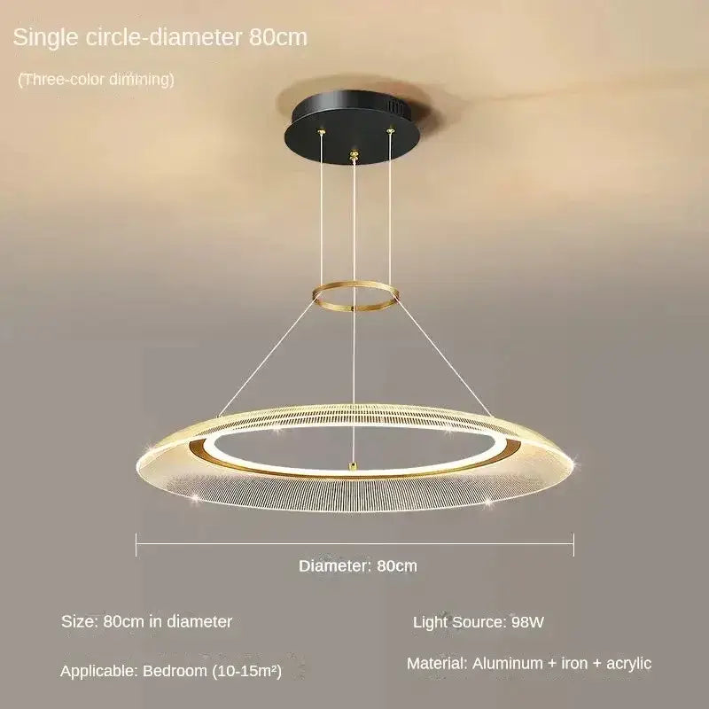 Modern DecorBites™ LED ring chandelier with gold frame and acrylic diffuser featuring three-color dimming for luxury living rooms
