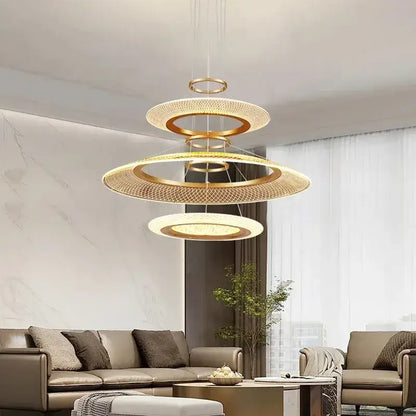 Golden decorbites™ led ring chandelier with modern circular design and woven mesh detailing lighting fixture